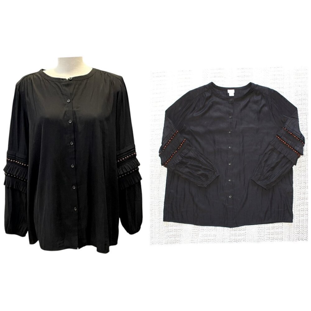 CHICOS Wood beaded Women's Blouse Size 3/XL  Black Boho Top Long Sleeves Buttons